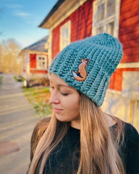 Chunky beanie hat with FOX embroidery patch, OVERSIZED (Sea Blue)
