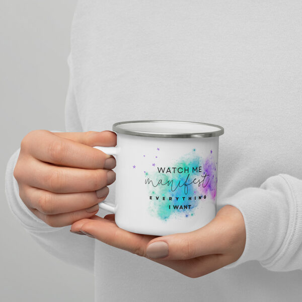 MANIFEST - White enamel mug with colorful design print